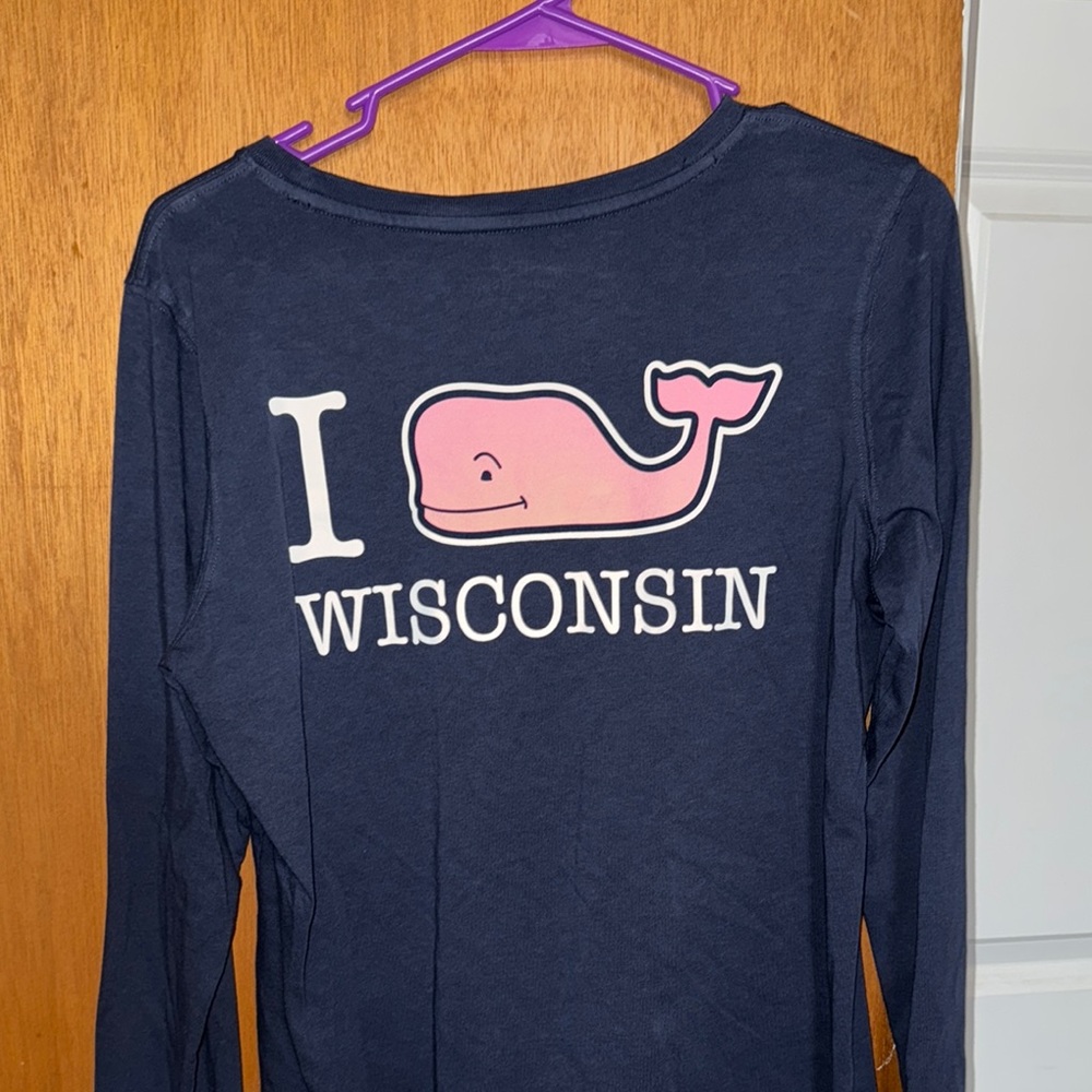 Navy Long Sleeve Vineyard Vines Shirt with Pink Whale Graphic